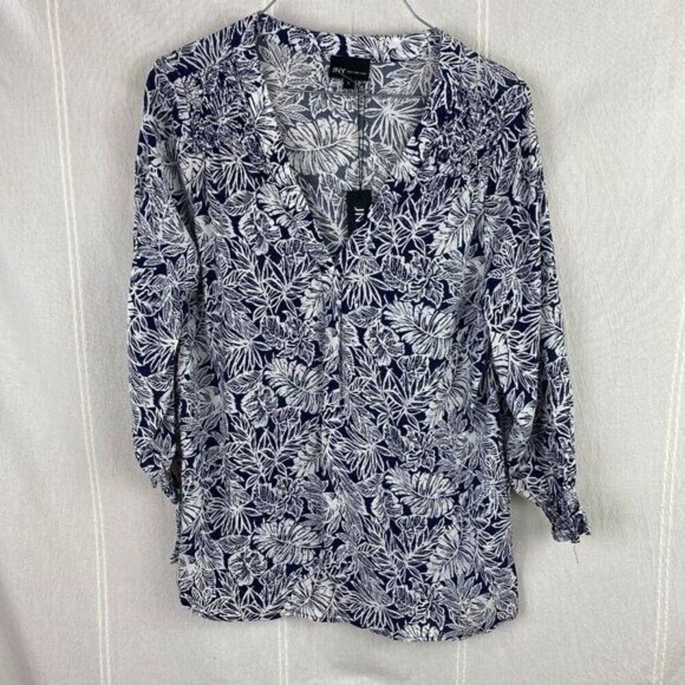 NWT JNY Jones New York Tunic V-Neck Blouse Palm Print Large